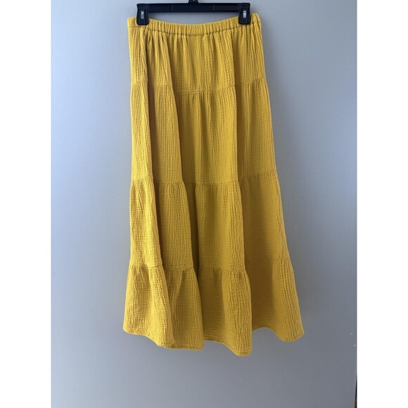 Magaschoni Tiered Skirt Size Small Yellow Organic Gauze Midi Boho Sustainable - Picture 2 of 9